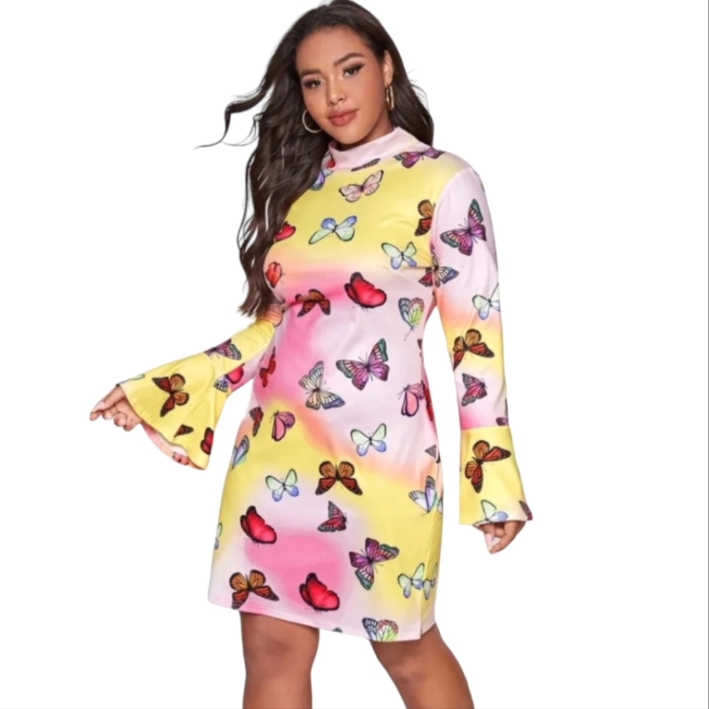 New Bell Sleeve Butterfly Tye Dye Dress Plus Sizes 1x, 2x, 3x NWT